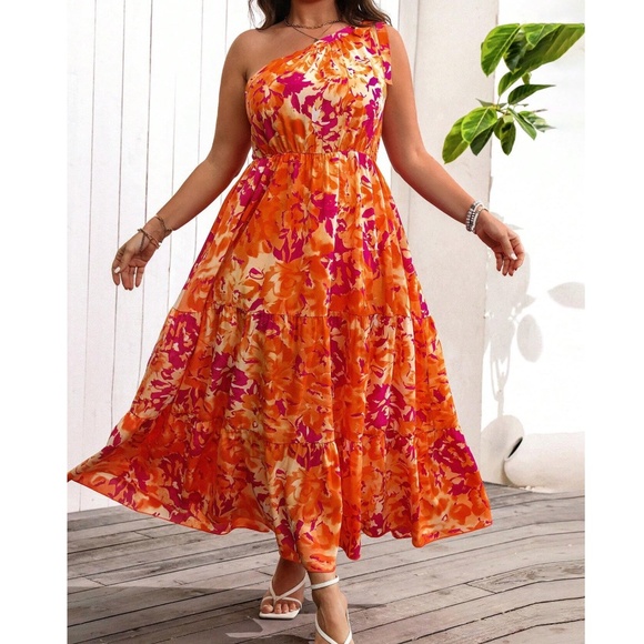 Plus Floral Print One Shoulder Cottagecore Maxi Dress - Picture 1 of 5